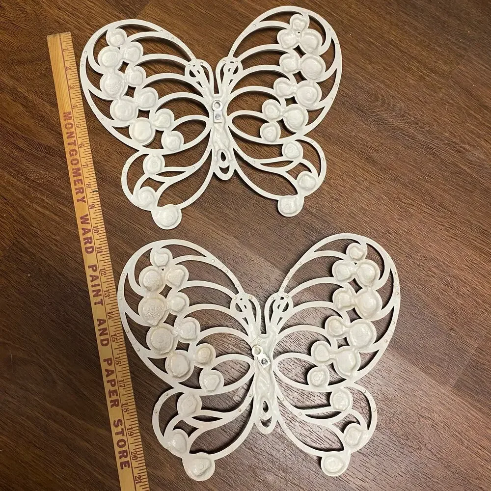 Vintage 1976 Burwood Products White Butterfly Wall Hanging Set Pair MCM Boho